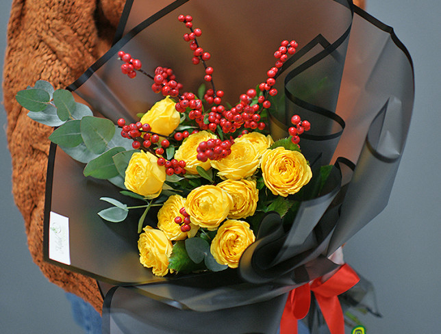 Bouquet of yellow peony-style roses photo